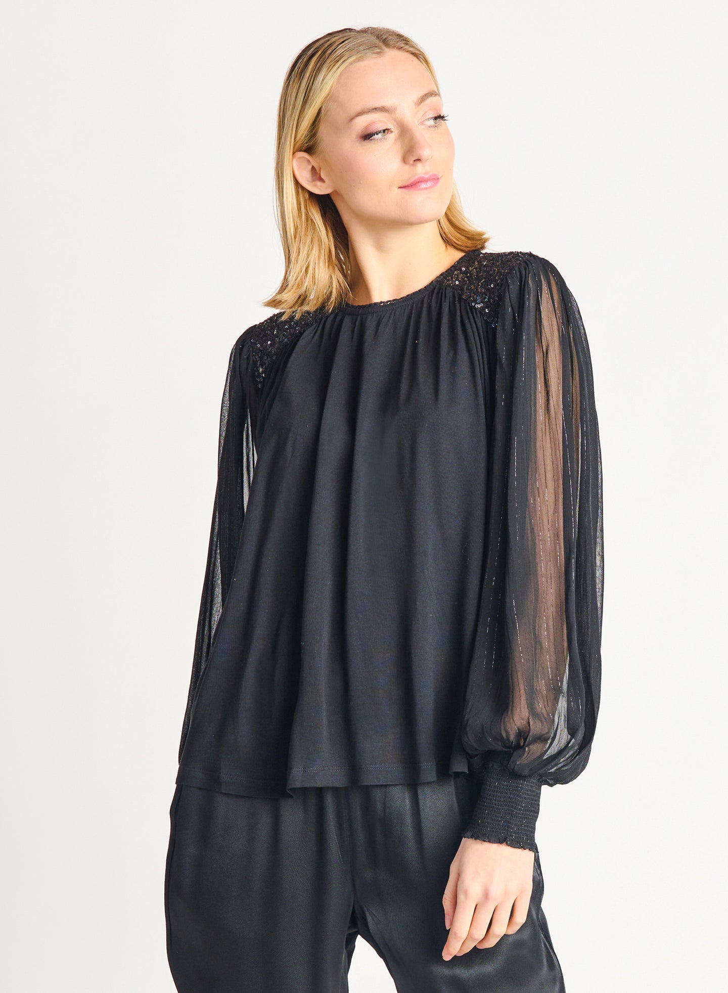 Blouse paillette manche ballon Dex - 2224058D-noir